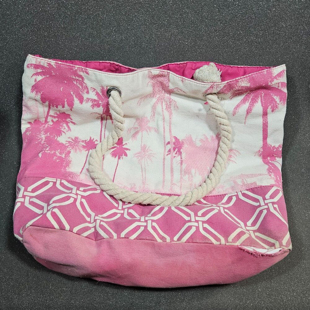 Pink Palm Tree Beach Tote Bag Rope Handles Canvas Pool Travel Carryall